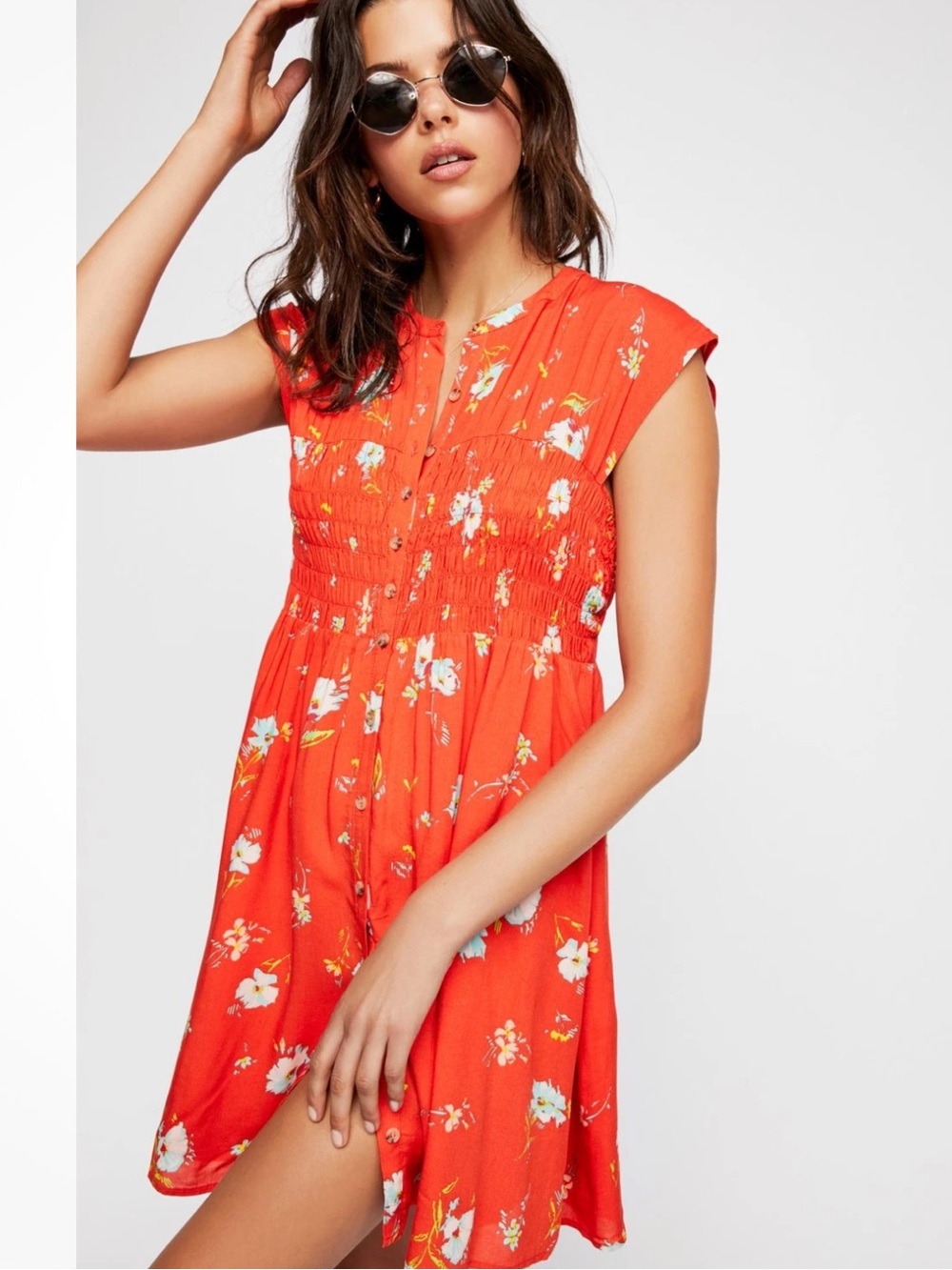 Free People Red Floral Greatest Day Smocked Mini Dress Size Medium - Picture 2 of 9